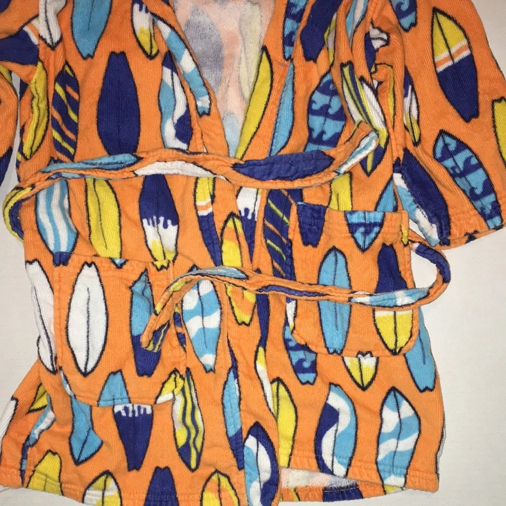 Orange Hooded Kids Robe with Surfboard Print